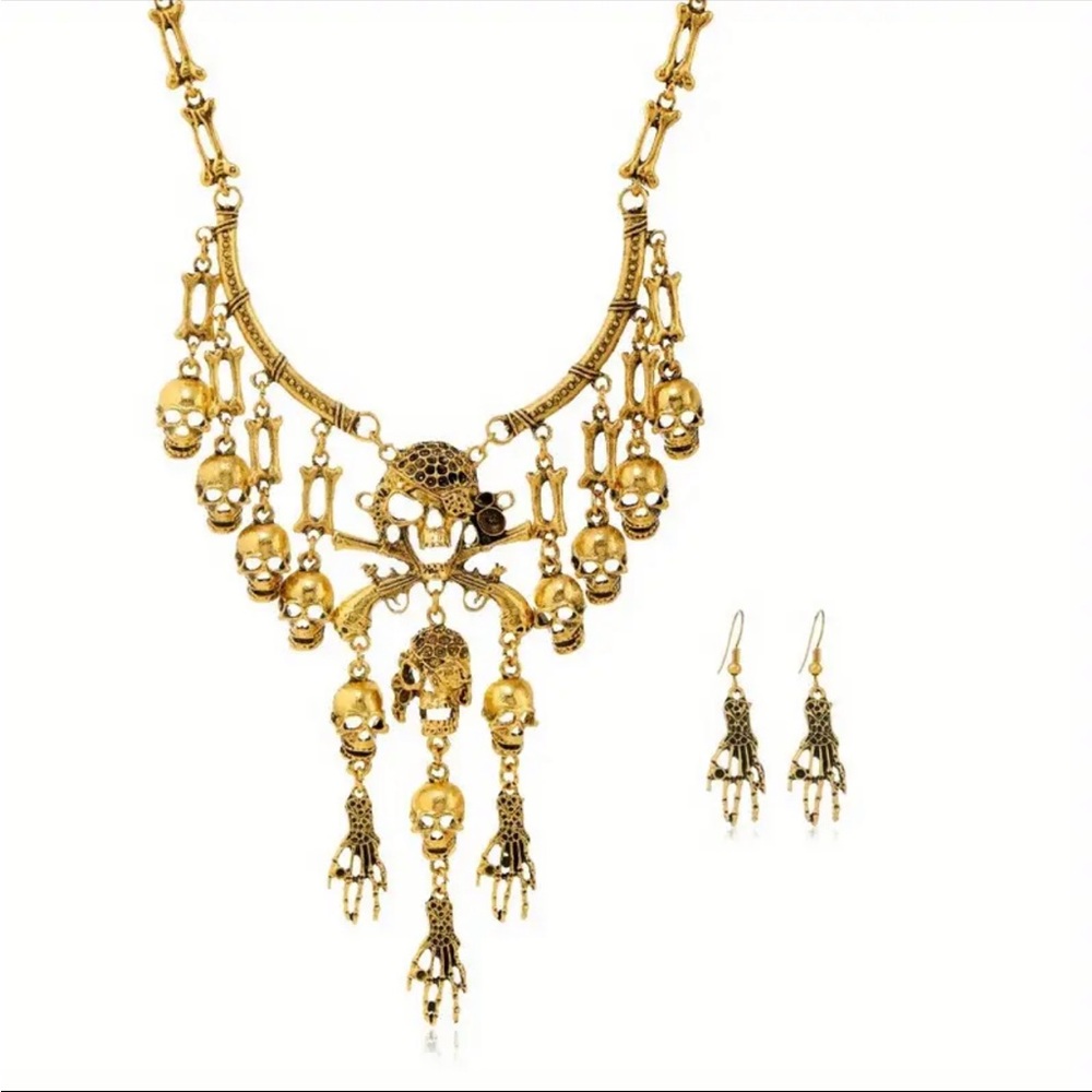 Vintage Antique Gold Tone Skeleton Hand Necklace and Matching Earrings Set